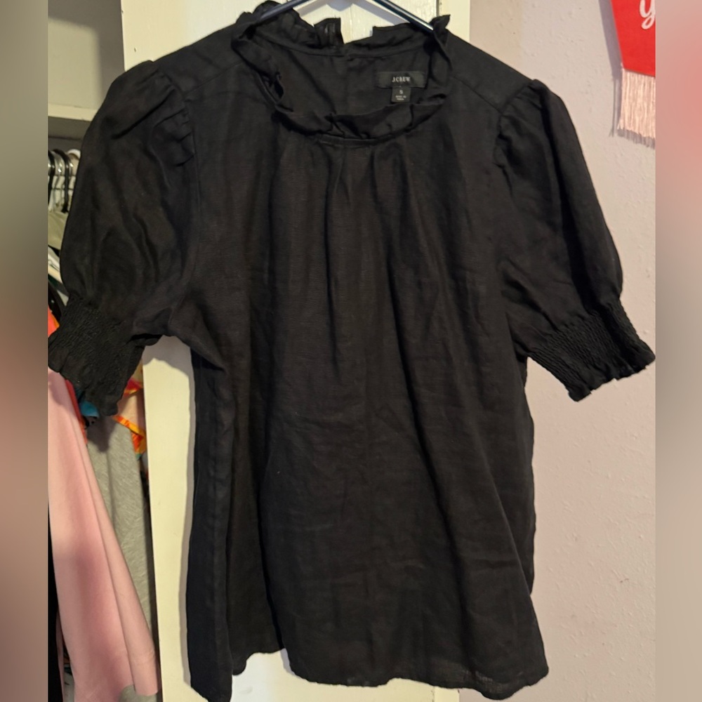 J.Crew Black Linen Blend Ruffle Neck Smocked Sleeve Blouse Women’s Size Small